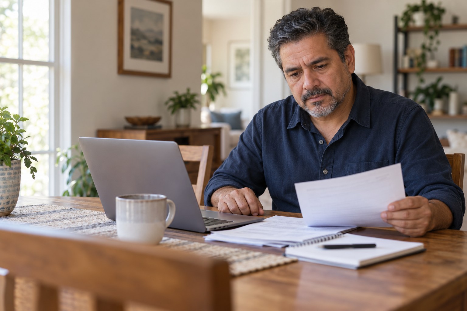 una persona preocupada mientras revisa información financiera
